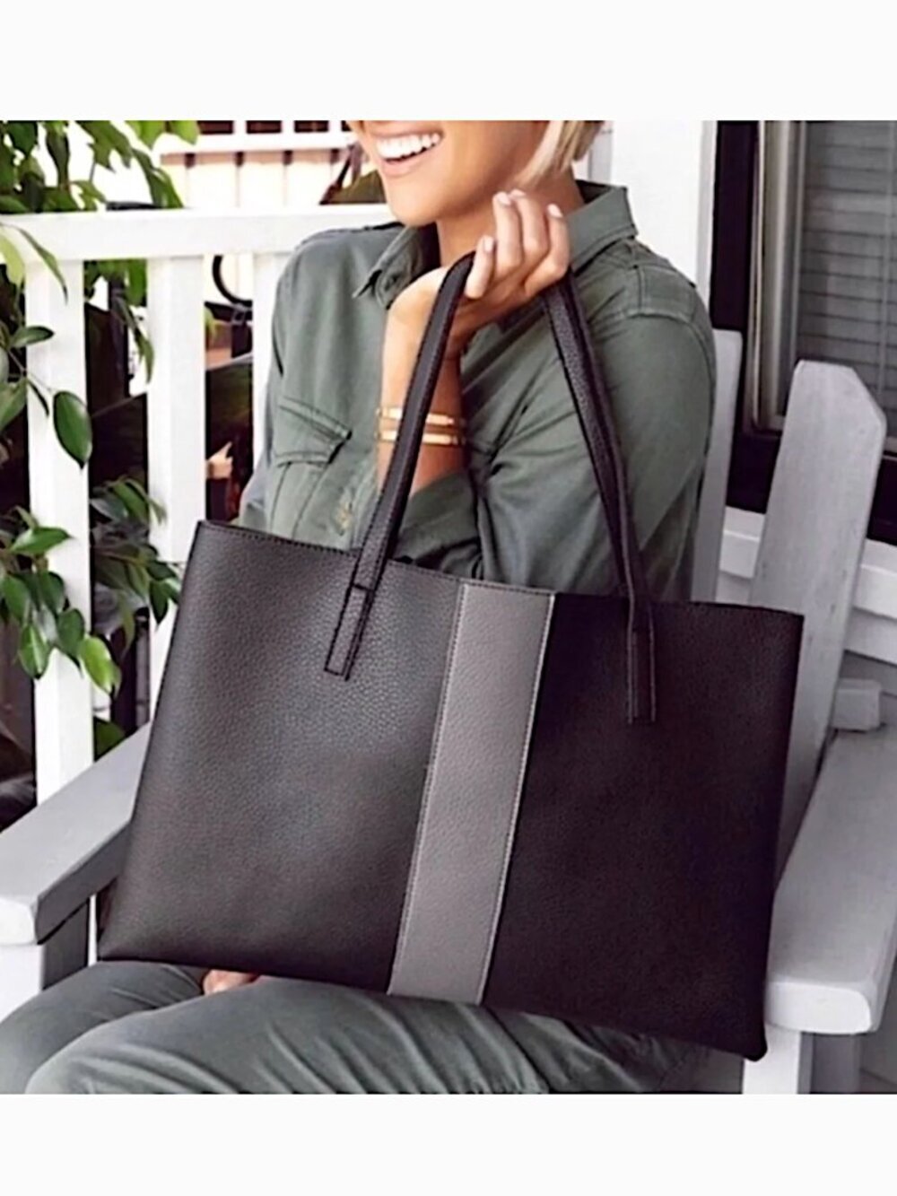 VINCE CAMUTO Luck Vegan Pebbled Leather Tote Bag w/Colorblock Stripe